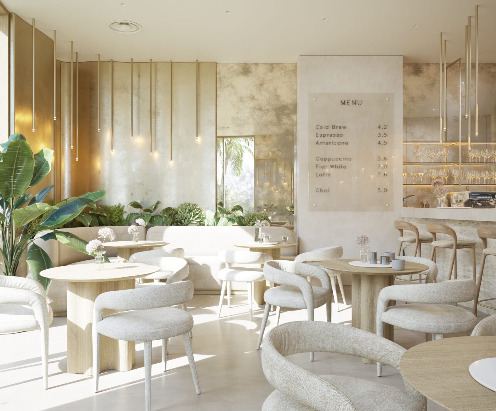 architect in Dubai commercial cafe design gold lamps