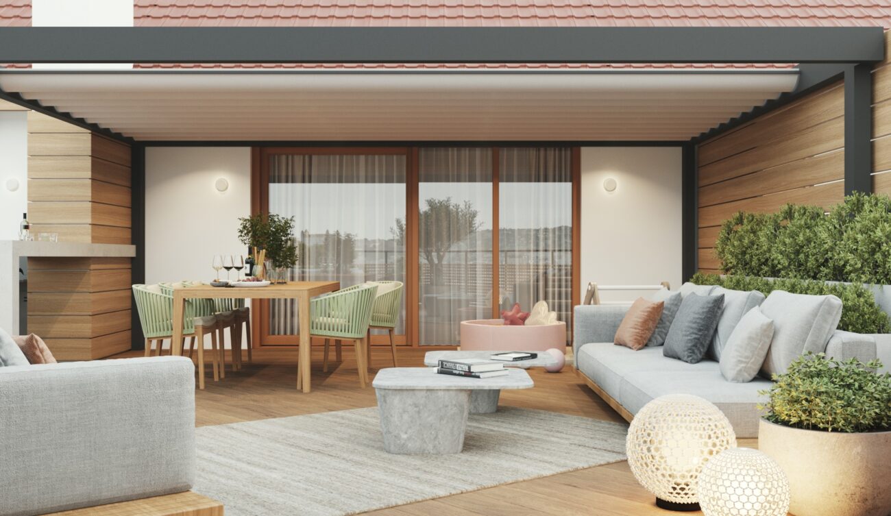 Modern architectural terrace design with outdoor furniture and landscaping by Archideal