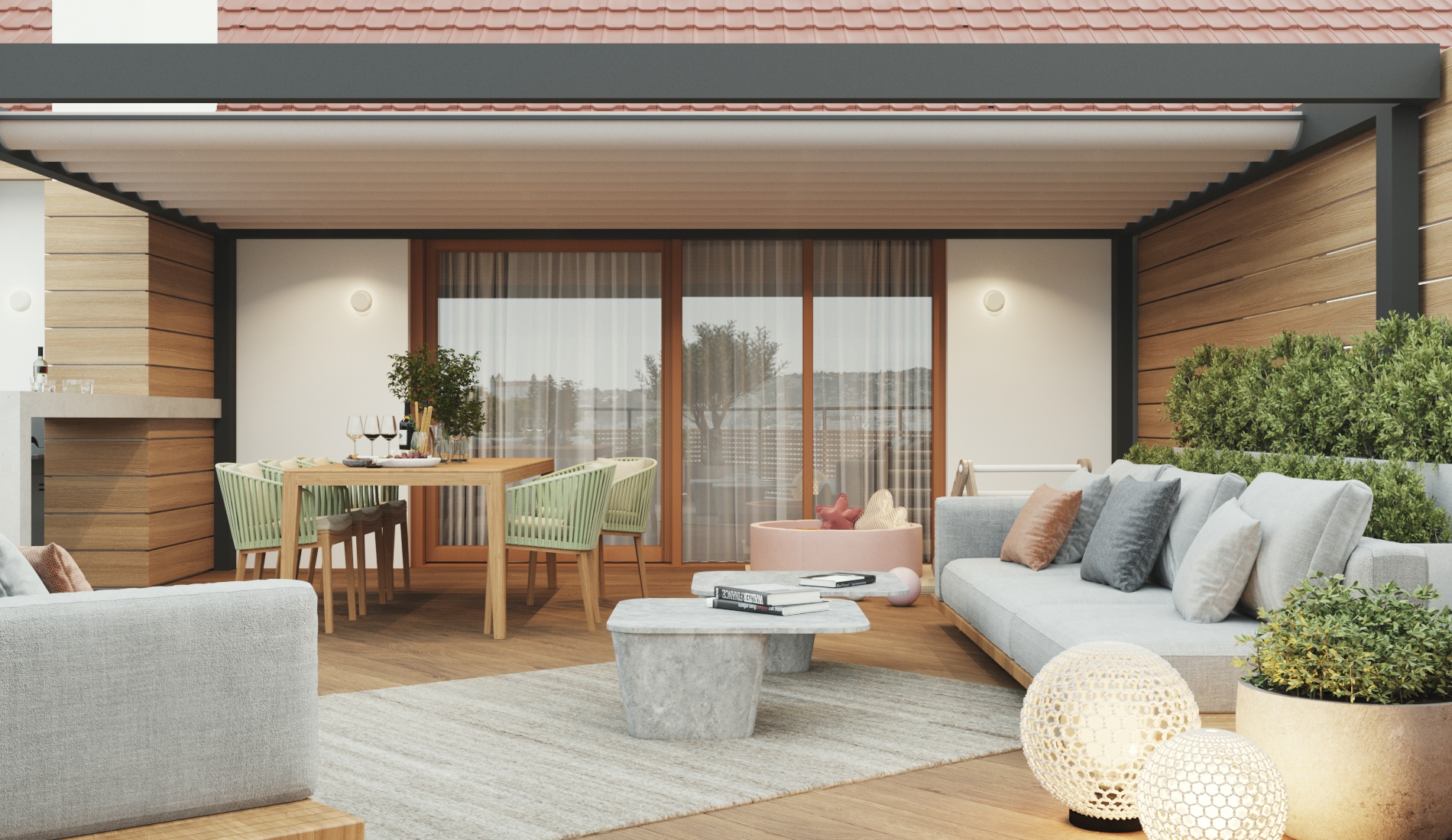 Modern architectural terrace design with outdoor furniture and landscaping by Archideal