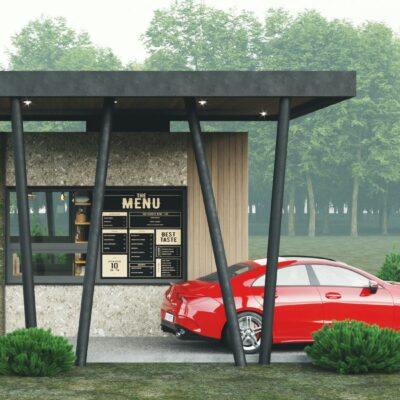 Drive-thru bistro facade design with brand identity and signage concept by Archideal
