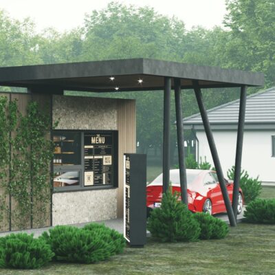 Drive-thru bistro service counter interior design with branding and ergonomic layout by Archideal