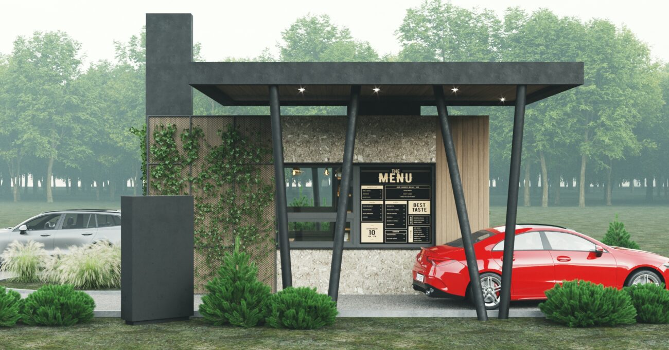 Drive-thru bistro exterior architectural design concept for Austria by Archideal – modular commercial building