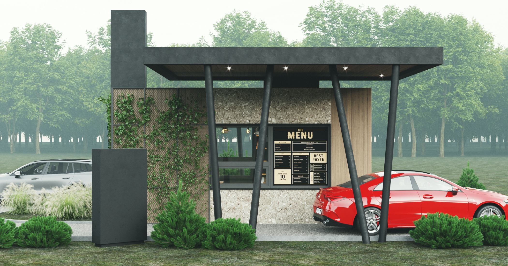 Drive-thru bistro exterior architectural design concept for Austria by Archideal – modular commercial building