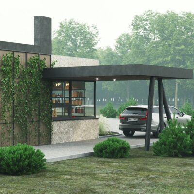 Drive-thru bistro seating area interior design with durable modular furniture by Archideal